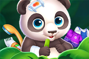 Gấu trúc dễ thương với mắt to đang ngồi giữa những chiếc lá xanh, bên cạnh là một bàn chải và vài món đồ khác