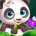 Gấu trúc dễ thương với mắt to đang ngồi giữa những chiếc lá xanh, bên cạnh là một bàn chải và vài món đồ khác