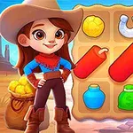 Nhân vật hoạt hình mặc trang phục cao bồi đứng bên cạnh bảng ô vuông chứa các biểu tượng như thuốc nổ, vàng, móng ngựa, chai lọ và túi tiền, với con số 2 ở góc