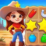 Một cô gái cao bồi đội mũ lớn đứng bên cạnh bảng trò chơi ghép hình với các biểu tượng như ngôi sao, móng ngựa và thuốc nổ