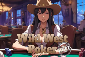 Một cô gái tóc đen mặc trang phục cao bồi đang ngồi tại bàn poker trong một sòng bạc phong cách miền Tây hoang dã