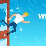 Người đàn ông tóc vàng nhảy qua cửa sổ với các mảnh kính vỡ xung quanh trên nền xanh