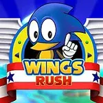 Hình ảnh của một nhân vật màu xanh với đôi cánh trắng và dòng chữ Wings Rush trên nền trời xanh