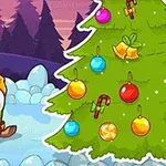 Một sinh vật màu xanh đội mũ len và khăn quàng cổ, trượt tuyết bên cạnh cây thông Noel trang trí với quả cầu và kẹo que, trong bối cảnh rừng thông phủ đầy tuyết