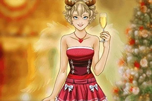 Một nhân vật hoạt hình nữ mặc váy đỏ, đeo băng đô sừng tuần lộc, cầm ly rượu champagne và đứng trước cây thông Noel