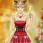 Một nhân vật hoạt hình nữ mặc váy đỏ, đeo băng đô sừng tuần lộc, cầm ly rượu champagne và đứng trước cây thông Noel