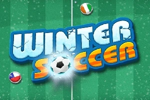 Chữ Winter Soccer nổi bật trên nền sân bóng với hiệu ứng tuyết, kèm theo hai bóng có cờ quốc gia