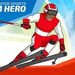 Vận động viên mặc trang phục đỏ trắng trượt tuyết qua địa hình dốc với gậy trượt tuyết trên tay