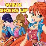 Hình ảnh bốn nhân vật hoạt hình nữ với trang phục lộng lẫy, thời trang và chữ WINX DRESS UP ở phía trên