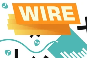 Chữ WIRE nổi bật trên nền trắng với các hình khối màu cam và xanh lam