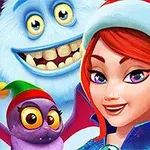 Nhân vật nữ đội mũ Noel đỏ tươi, bên cạnh là sinh vật tuyết trắng lớn cười tươi và một sinh vật nhỏ màu tím với đôi mắt to đeo mũ xanh đỏ