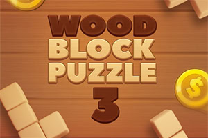 Chữ Wood Block Puzzle 3 trên nền gỗ với các khối xếp hình và biểu tượng đồng xu