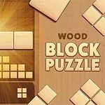 Các khối gỗ xếp hình trên nền nâu với chữ Wood Block Puzzle