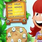 Cô gái hoạt hình tóc đỏ cười tươi, bên cạnh là bảng chữ cái và logo có chữ WORD ADVENTURES