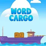 Một con tàu tím với hai thùng hàng trên boong dưới bầu trời xanh với đám mây và dòng chữ WORD CARGO