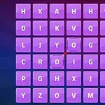 Bảng chữ cái màu tím với các ô vuông chứa các chữ cái khác nhau trên nền chuyển sắc tím và xanh