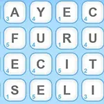 Các chữ cái được sắp xếp trong một lưới ô vuông 5x5 trên nền màu xanh
