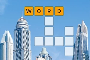 Một khung cảnh thành phố với các tòa nhà chọc trời và một câu đố chữ cái ở phía trên