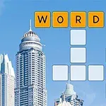 Một khung cảnh thành phố với các tòa nhà chọc trời và một câu đố chữ cái ở phía trên