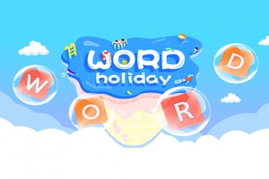 Hình ảnh có nền bầu trời xanh với các đám mây trắng, chữ WORD holiday nằm trên một hình băng có gắn các chữ cái nằm trong bong bóng