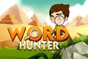 Hình ảnh có một nhân vật hoạt hình cầm kính lúp đứng trước kim tự tháp, với chữ WORD HUNTER nổi bật phía trước