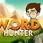 Hình ảnh có một nhân vật hoạt hình cầm kính lúp đứng trước kim tự tháp, với chữ WORD HUNTER nổi bật phía trước