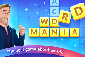 Người đàn ông giơ ngón tay cái lên với các ô chữ màu vàng sắp xếp thành từ WORD MANIA trên nền xanh lam