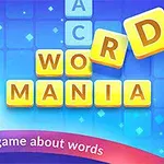 Người đàn ông giơ ngón tay cái lên với các ô chữ màu vàng sắp xếp thành từ WORD MANIA trên nền xanh lam