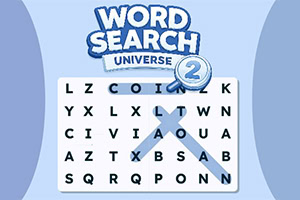 Logo WORD SEARCH UNIVERSE 2 phía trên bảng chữ cái dạng ô vuông với một đường nối chữ màu xanh tạo hình ziczac