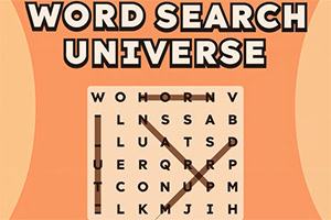 Tiêu đề WORD SEARCH UNIVERSE phía trên ô chữ cái dạng lưới với các từ được nối bằng đường đen trên nền cam