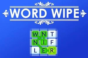 Hình ảnh có nền màu xanh lam với chữ WORD WIPE nổi bật phía trên, bên dưới là lưới ô vuông màu trắng chứa chữ cái màu xanh lá kết nối thành từ