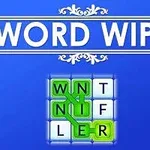 Hình ảnh có nền màu xanh lam với chữ WORD WIPE nổi bật phía trên, bên dưới là lưới ô vuông màu trắng chứa chữ cái màu xanh lá kết nối thành từ