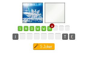 Hình ảnh có một bông tuyết và bảng chữ cái với từ SNOWWHITE, cùng với một nút 5 Joker