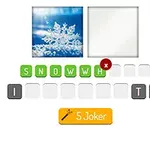 Hình ảnh có một bông tuyết và bảng chữ cái với từ SNOWWHITE, cùng với một nút 5 Joker