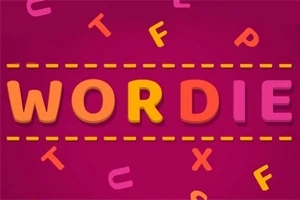 Các chữ cái đầy màu sắc ghép lại thành từ WORDIE trên nền màu hồng, có các đường nét đứt và các chữ cái khác xung quanh