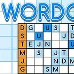 Bảng ô chữ với các chữ cái trong các ô màu xanh dương và cam trên nền lưới vuông