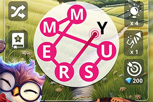 Một trò chơi nối chữ với các chữ cái M, Y, E, R, S, U được xếp trong vòng tròn, cùng với một con cú hoạt hình thắt nơ và các biểu tượng công cụ ở bên cạnh