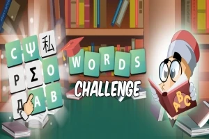 Một bảng chữ cái kết hợp với ký tự đặc biệt và một nhân vật đang đọc sách trong thư viện