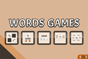Chữ WORDS GAMES nổi bật trên nền màu nâu với năm biểu tượng trò chơi nhỏ phía dưới và góc phải dưới có ghi 5 in 1