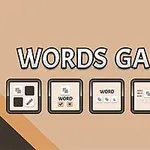 Chữ WORDS GAMES nổi bật trên nền màu nâu với năm biểu tượng trò chơi nhỏ phía dưới và góc phải dưới có ghi 5 in 1