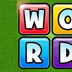 Bốn ô vuông với chữ W, O, R, D trên nền xanh lá cây với màu sắc nổi bật: đỏ, vàng, xanh dương và tím
