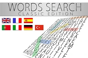 Tiêu đề Words Search Classic Edition với một lưới chữ cái và các lá cờ của sáu quốc gia