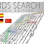 Tiêu đề Words Search Classic Edition với một lưới chữ cái và các lá cờ của sáu quốc gia
