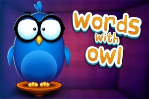 Cú màu xanh đeo kính lớn đứng trên bệ với nền màu tím và dòng chữ words with owl bên cạnh