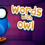 Cú màu xanh đeo kính lớn đứng trên bệ với nền màu tím và dòng chữ words with owl bên cạnh