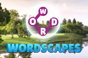 Biểu tượng với chữ cái kết nối bên trên và dòng chữ WORDSCAPES màu xanh bên dưới, nền là cảnh thiên nhiên với cây cối và hồ nước