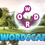 Biểu tượng với chữ cái kết nối bên trên và dòng chữ WORDSCAPES màu xanh bên dưới, nền là cảnh thiên nhiên với cây cối và hồ nước