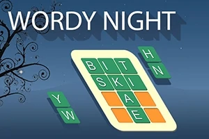 Các ô chữ màu xanh lá cây và cam với chữ cái trên nền trời tối, cùng dòng chữ WORDY NIGHT