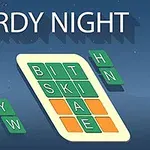 Các ô chữ màu xanh lá cây và cam với chữ cái trên nền trời tối, cùng dòng chữ WORDY NIGHT