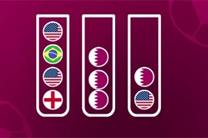 Ba ống nghiệm chứa các lá cờ của Mỹ, Brazil, Anh và Qatar trên nền màu đỏ tía